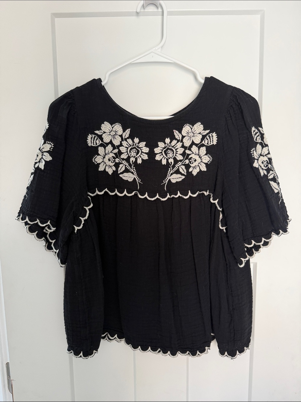 Old Navy Black Peasant Blouse with White Floral Embroidery